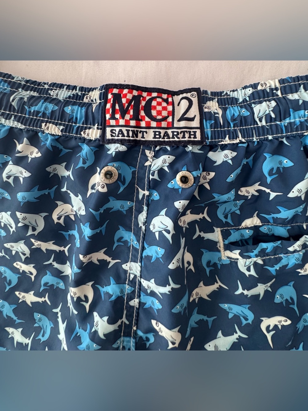MC2 Saint Barth Men's Shark-Print Swim Shorts - Navy & White & Blue - Picture 8 of 15